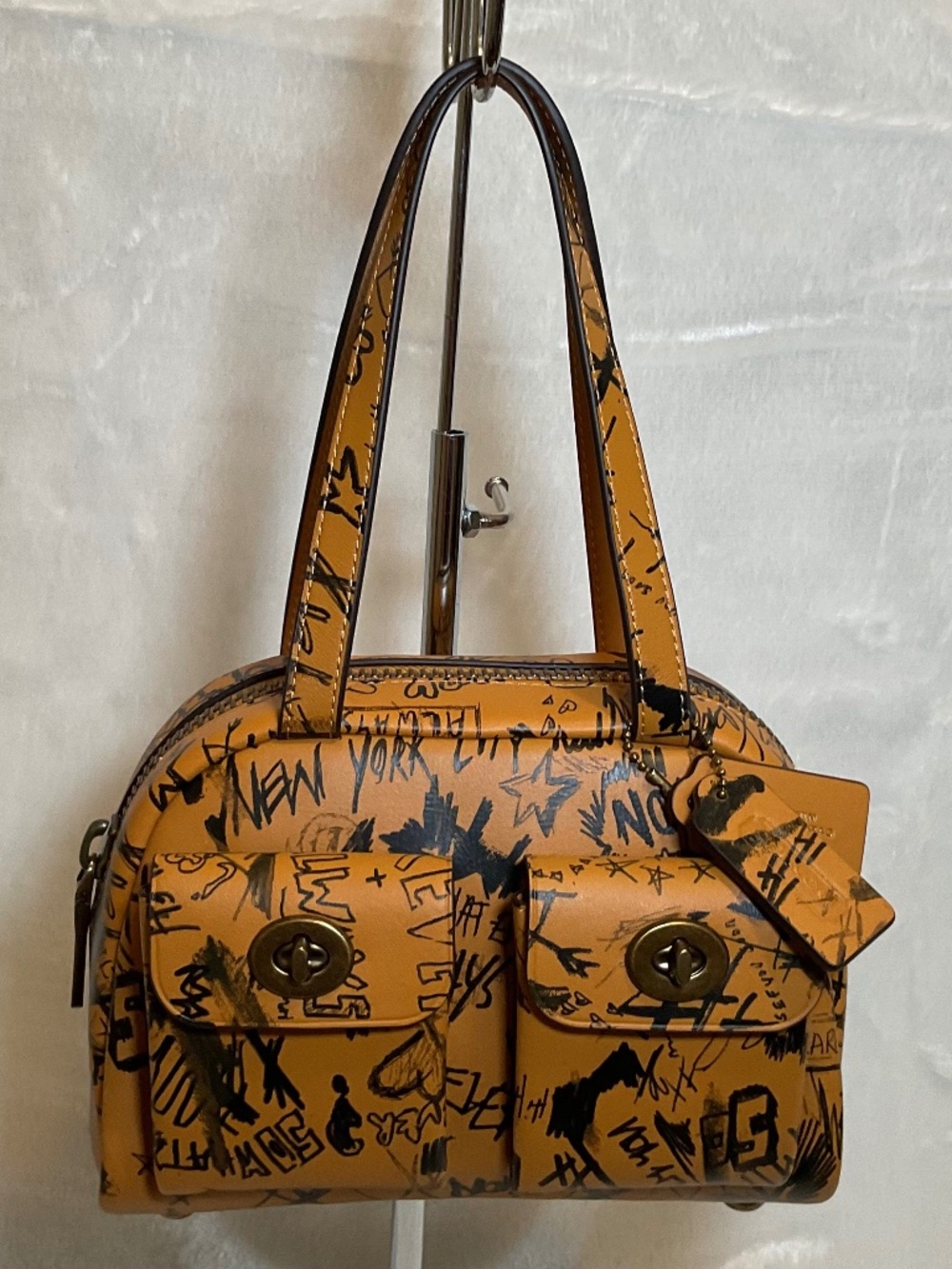 Coach Twin Turnlock Bag 20 in Graffiti Print Ochre Multi Glove-tanned Leather
